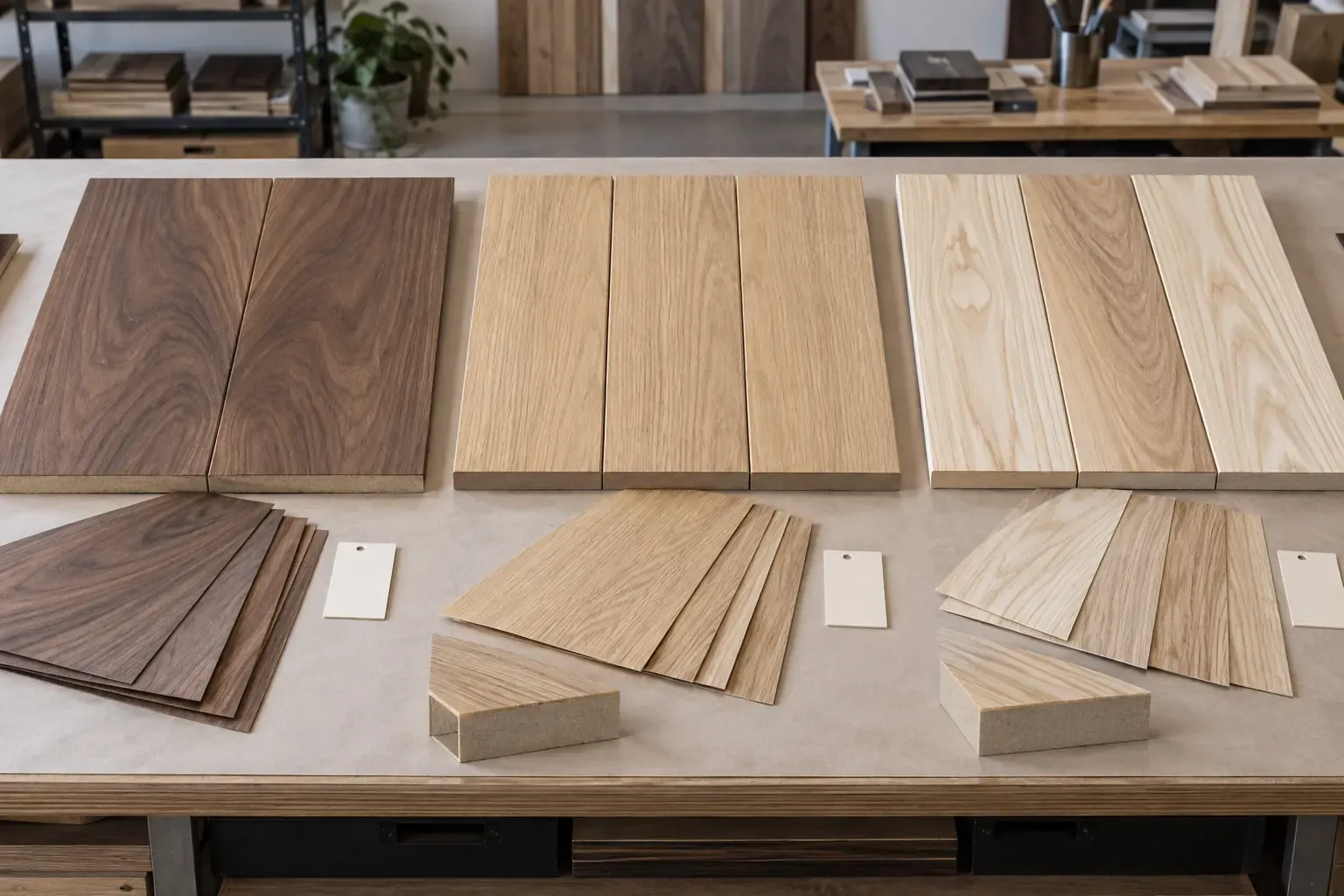Walnut book-matched panels, sequenced oak panels and plank-style ash veneer layouts on MDF