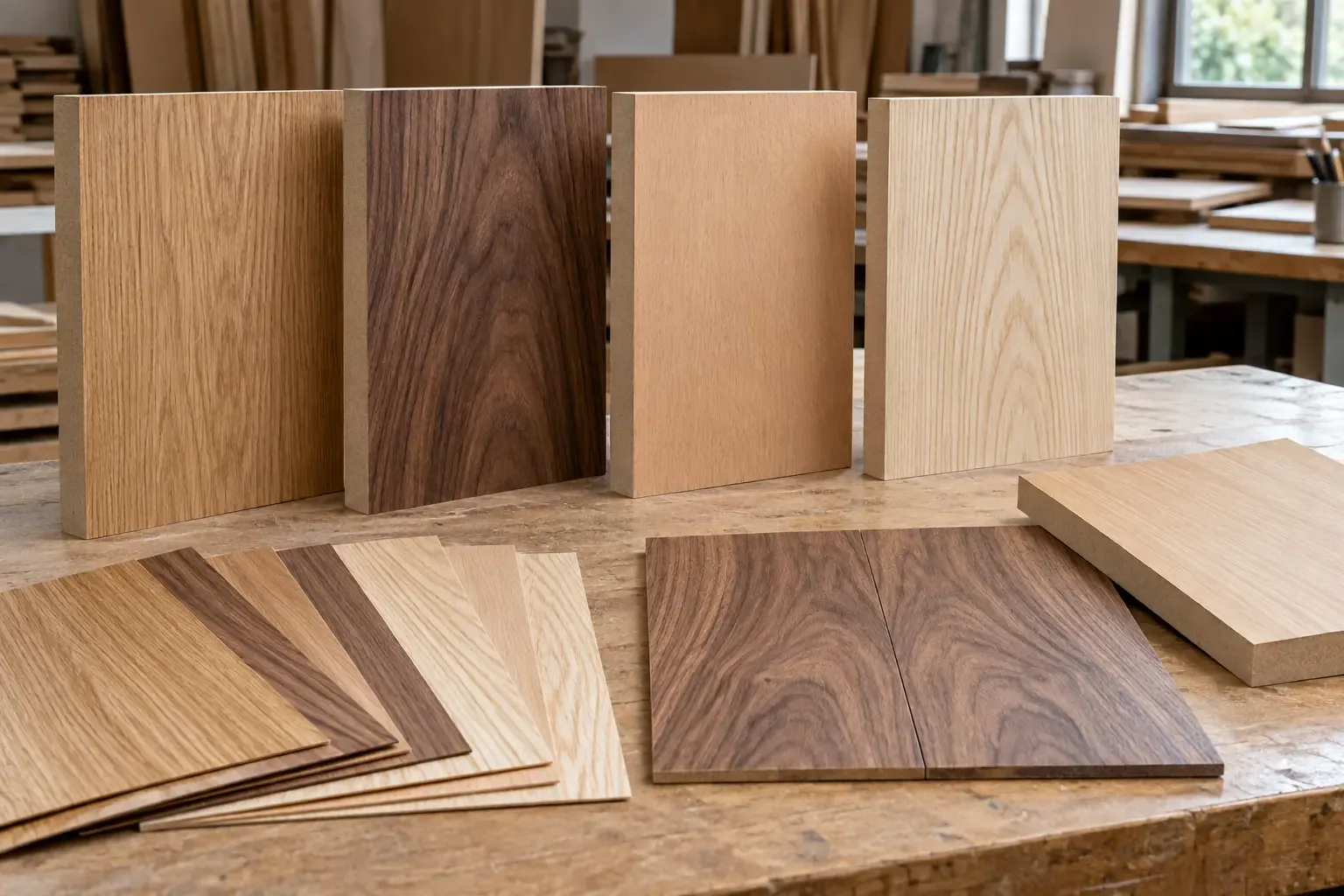 Oak, walnut, beech and ash veneered MDF panels with veneer leaves and matched grain samples