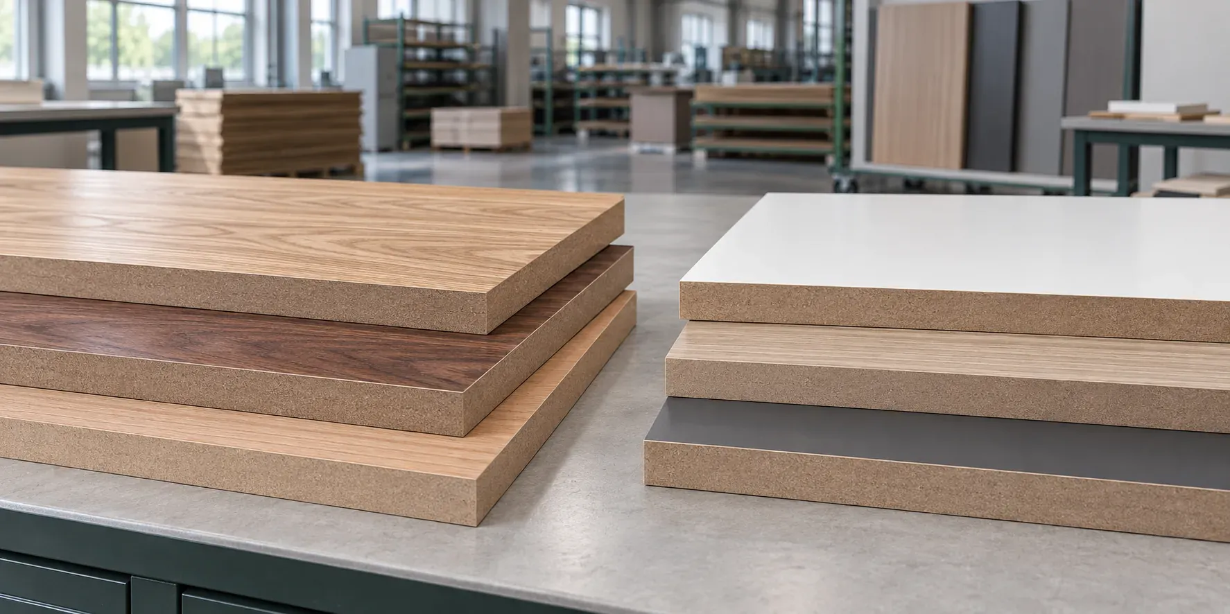 Natural veneered MDF and melamine-faced MDF panels arranged side by side for a furniture-surface comparison