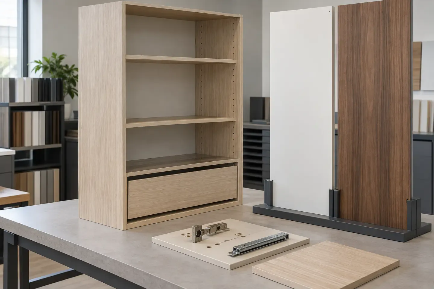 Wardrobe MDF component set showing tall doors, carcass panels, shelves, backs, hardware drilling and coordinated grain direction