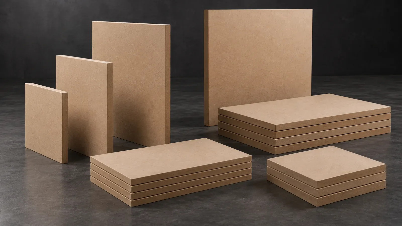 Rectangular raw MDF panels cut to multiple finished dimensions and arranged in aligned groups