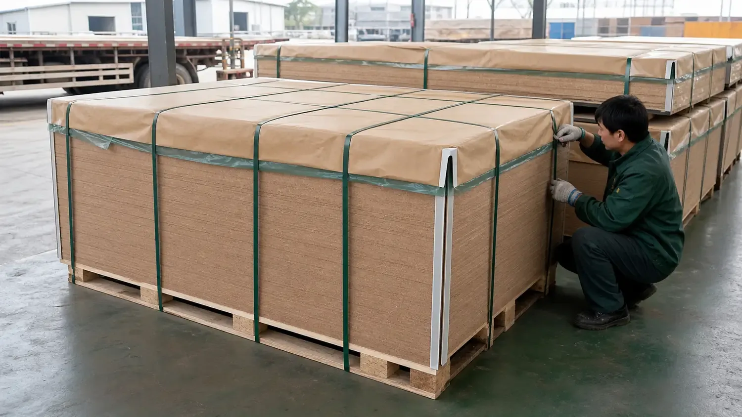 Export packaging preparation for MDF board bundles