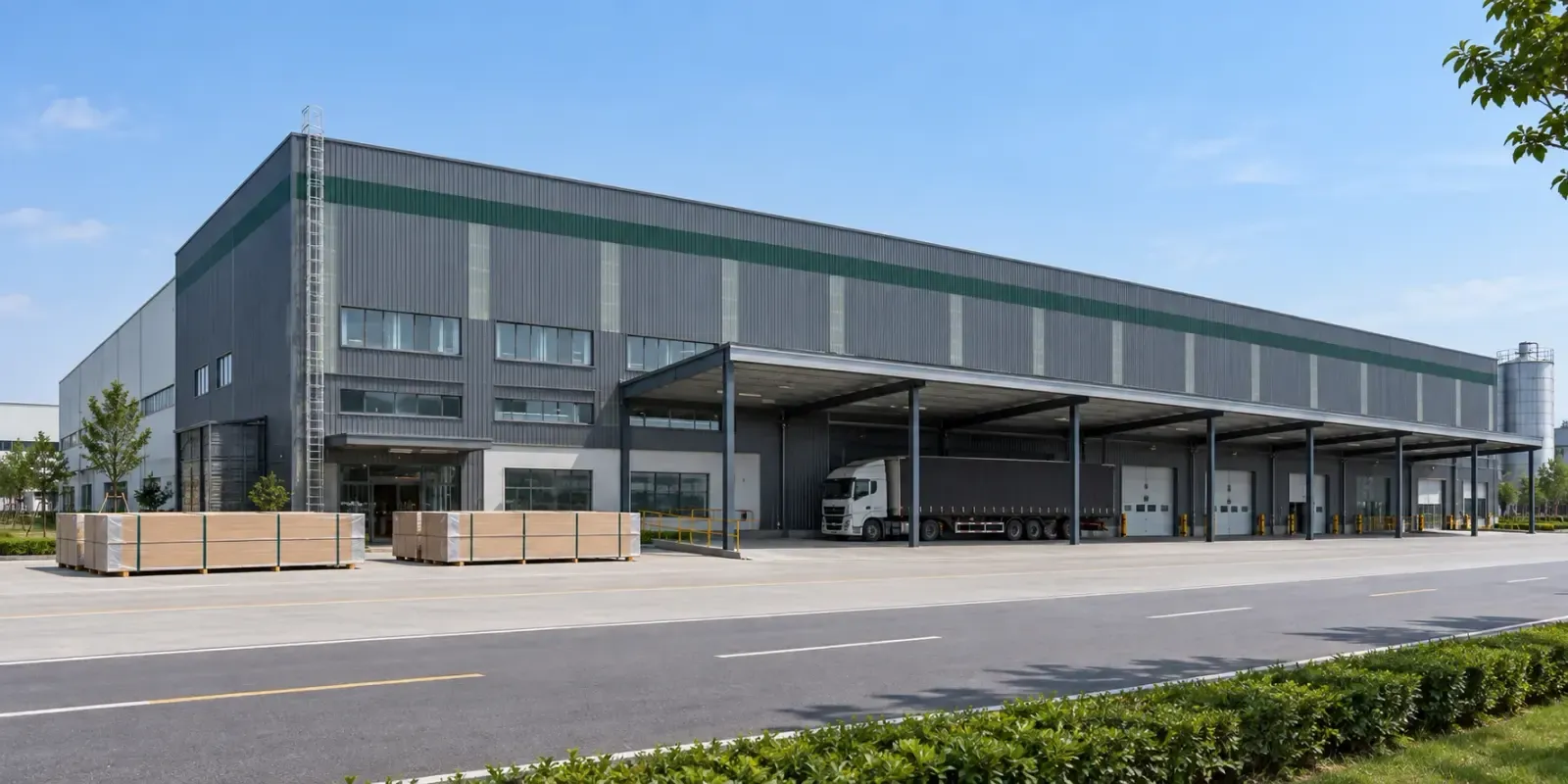 Wide MDF factory exterior with protected full-size board bundles at the loading area