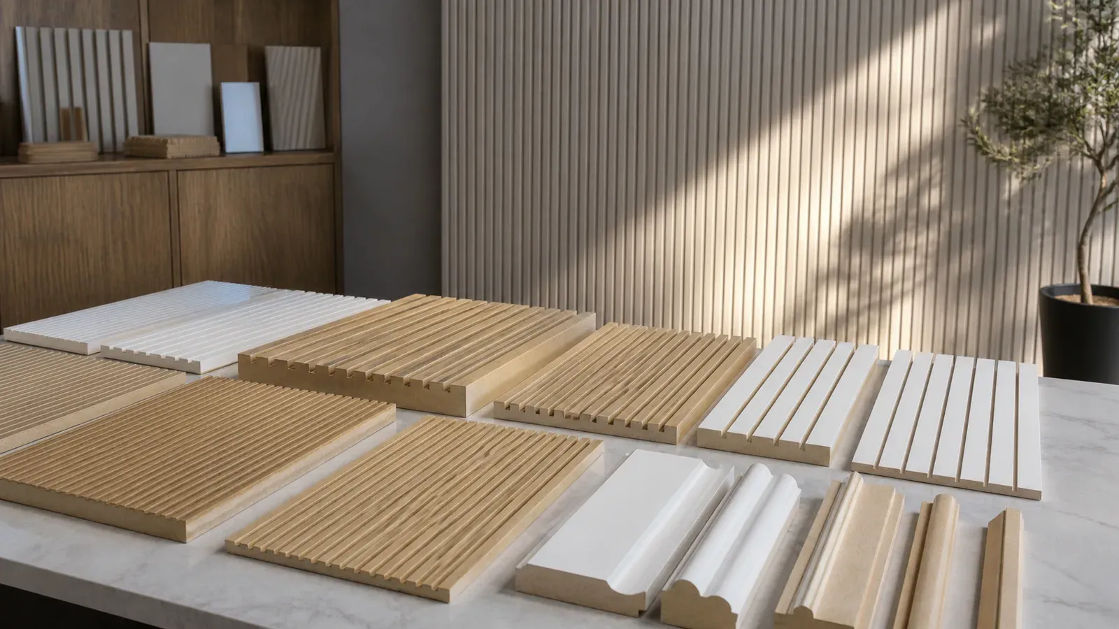Grooved MDF panels with varied linear routing profiles