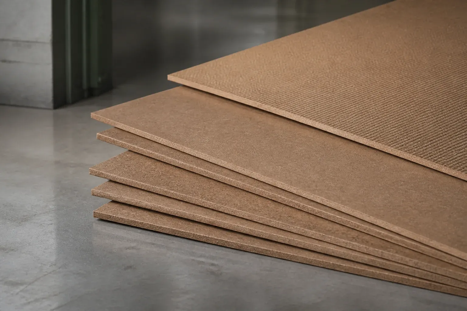 Thin brown hardboard sheets showing a smooth face compressed fibre edge and screen-pattern reverse