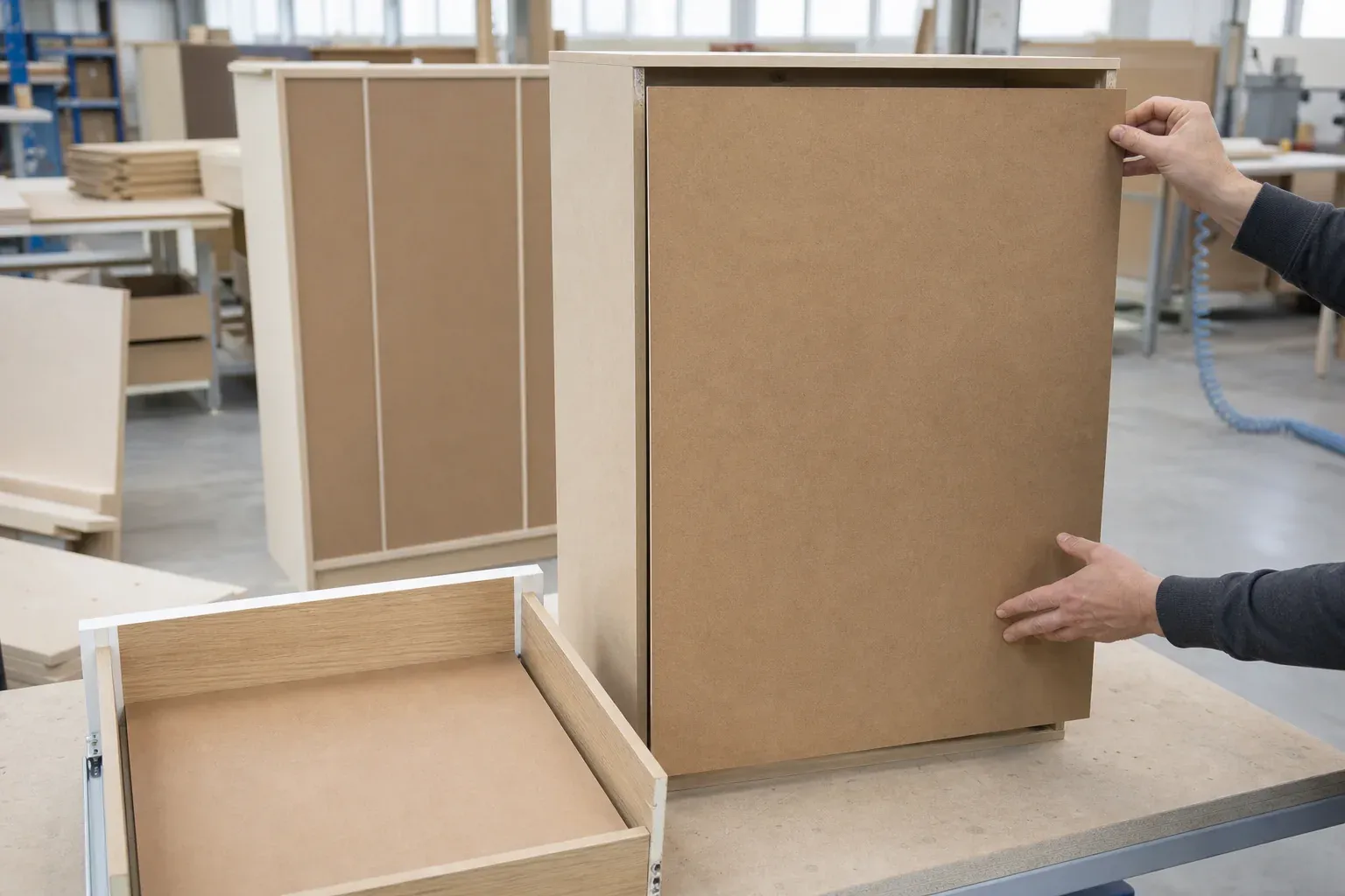 Hardboard cabinet back and drawer-bottom components in a furniture assembly workshop