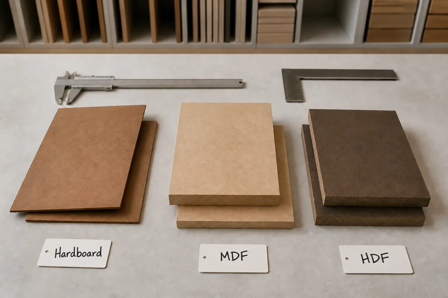 Hardboard MDF and HDF material samples arranged for fibreboard specification comparison