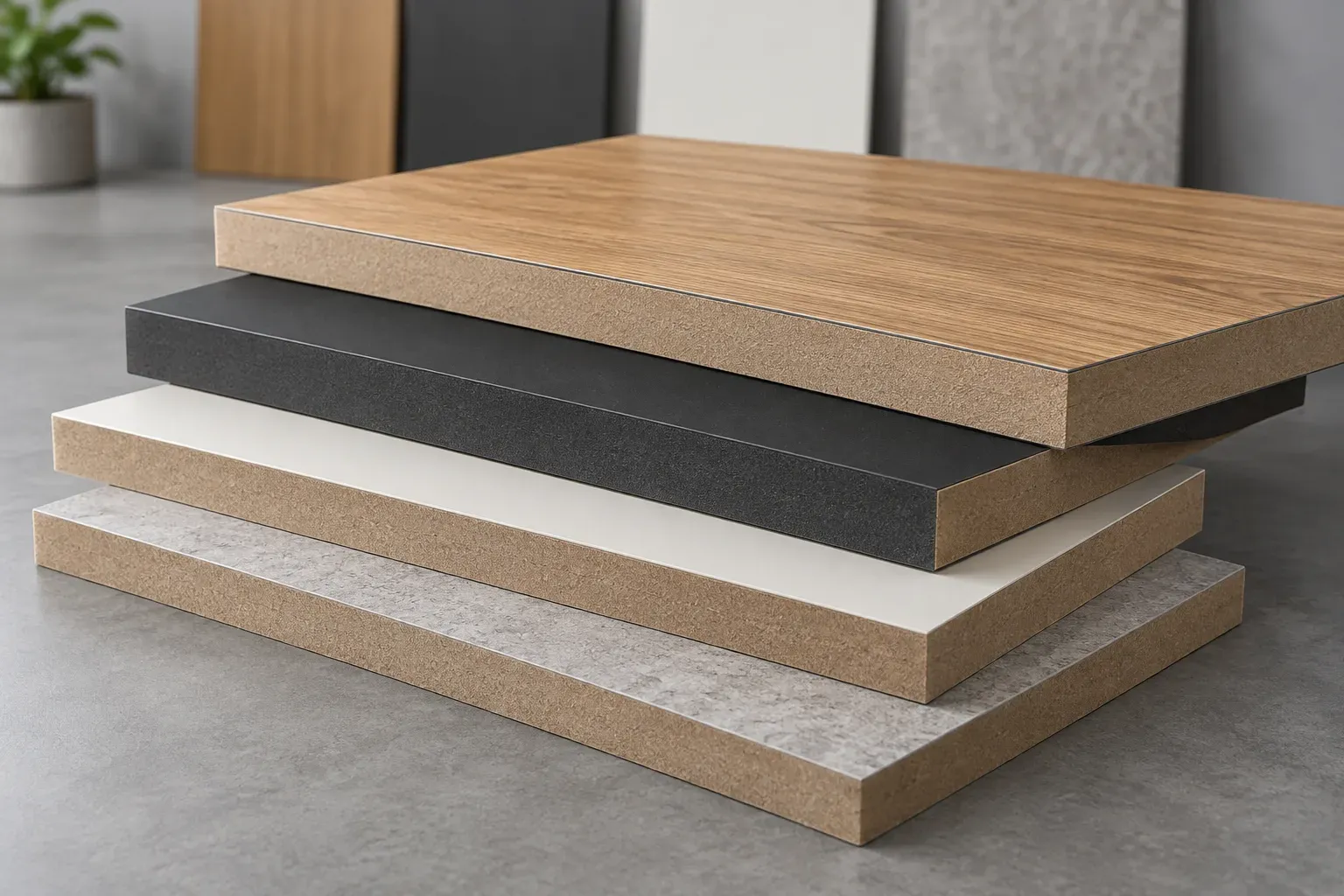 HPL faced MDF panels with woodgrain matte solid-colour and stone-look surfaces on dense MDF cores