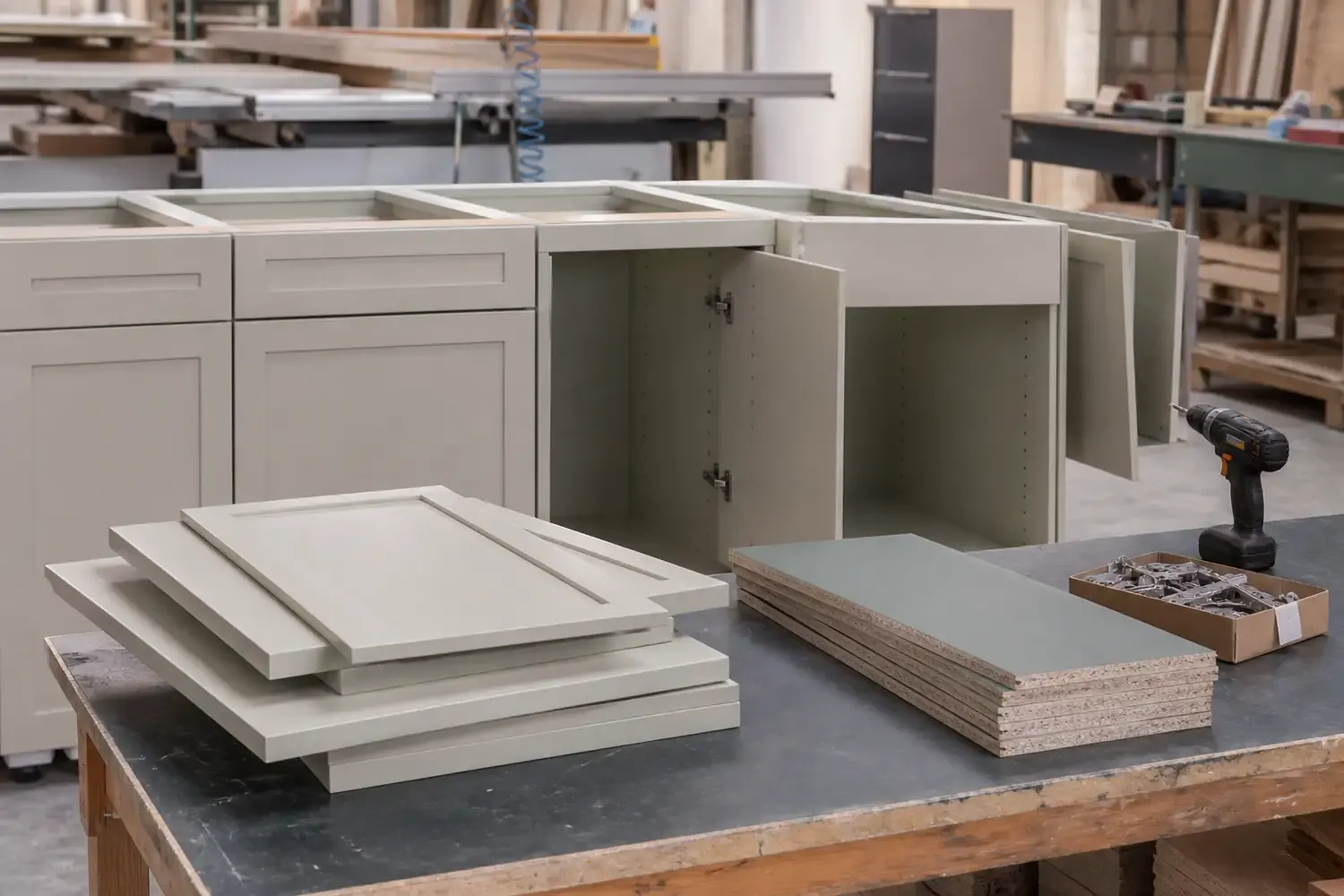 MDF cabinet components in a furniture manufacturing workshop