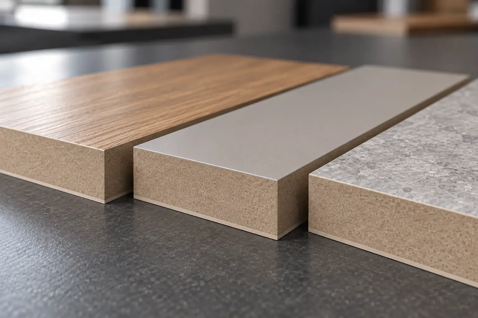 Laminated MDF cross-sections showing decorative faces, dense MDF cores and balancing reverse layers