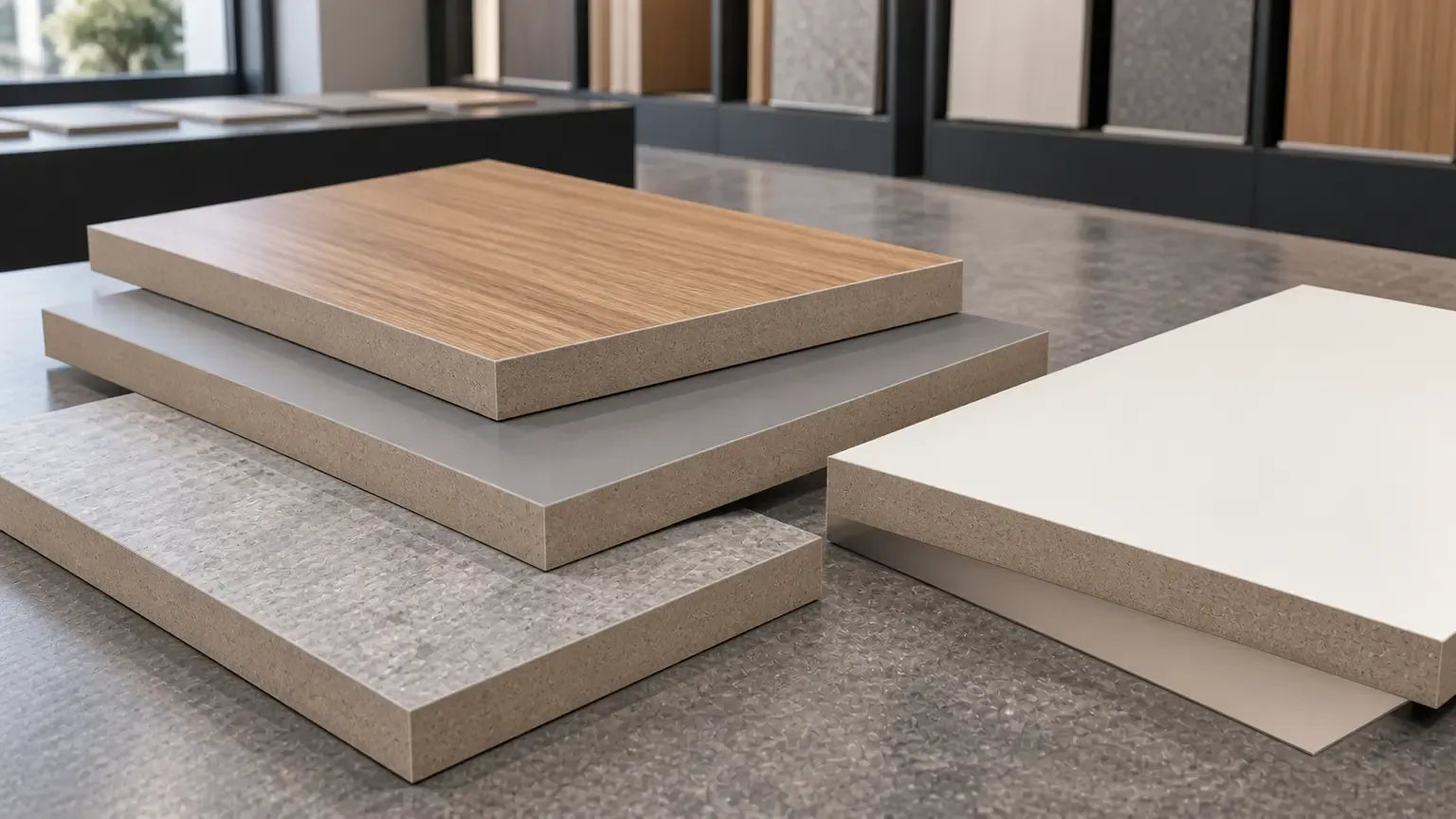 Laminated MDF samples with decorative woodgrain, matte, stone-look and solid-colour faces on dense MDF cores