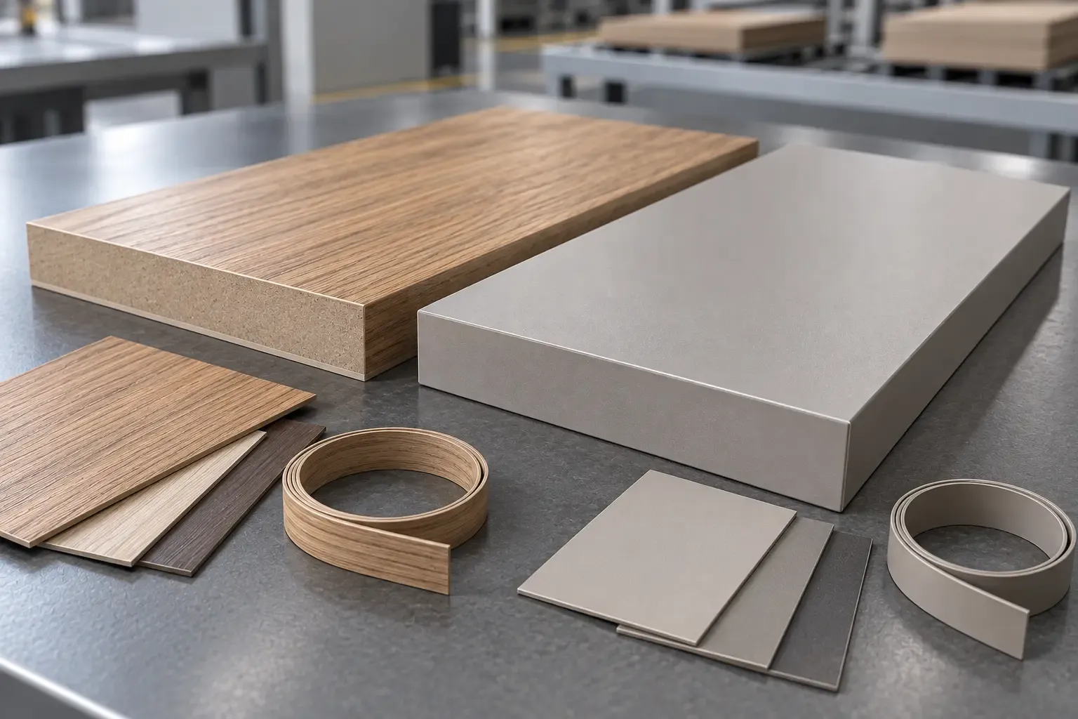 Laminated MDF samples with woodgrain and matte faces, laminate swatches and edge-banding options