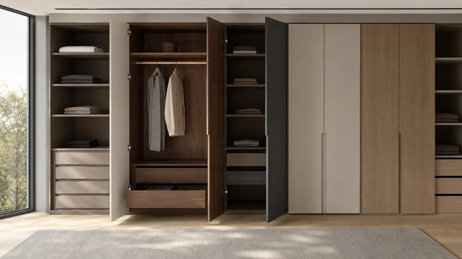 Wardrobe system with MDF carcass, door and drawer components
