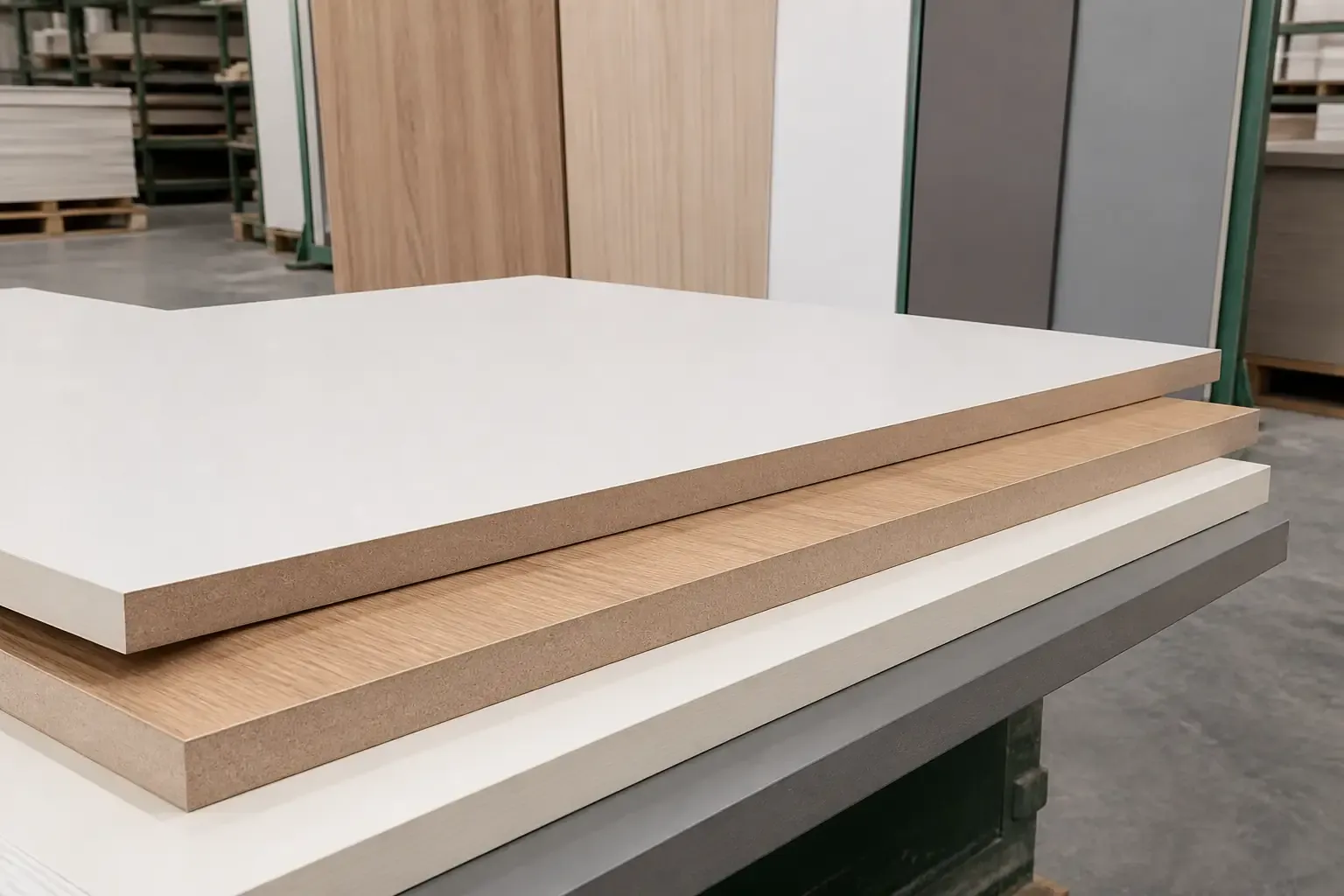 White and woodgrain Melamine MDF panels with compact fibreboard edges