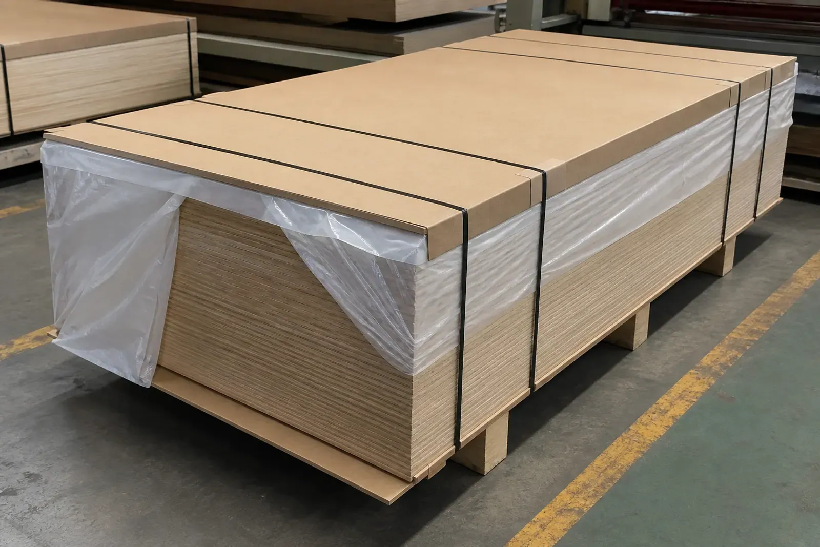 MDF bundle protection with cover boards edge guards and aligned straps