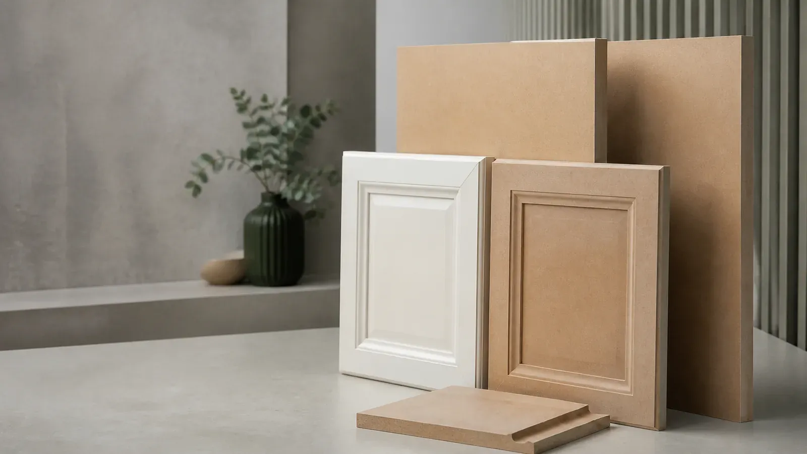 Paint grade MDF panels with raw and finished routed cabinet-door samples