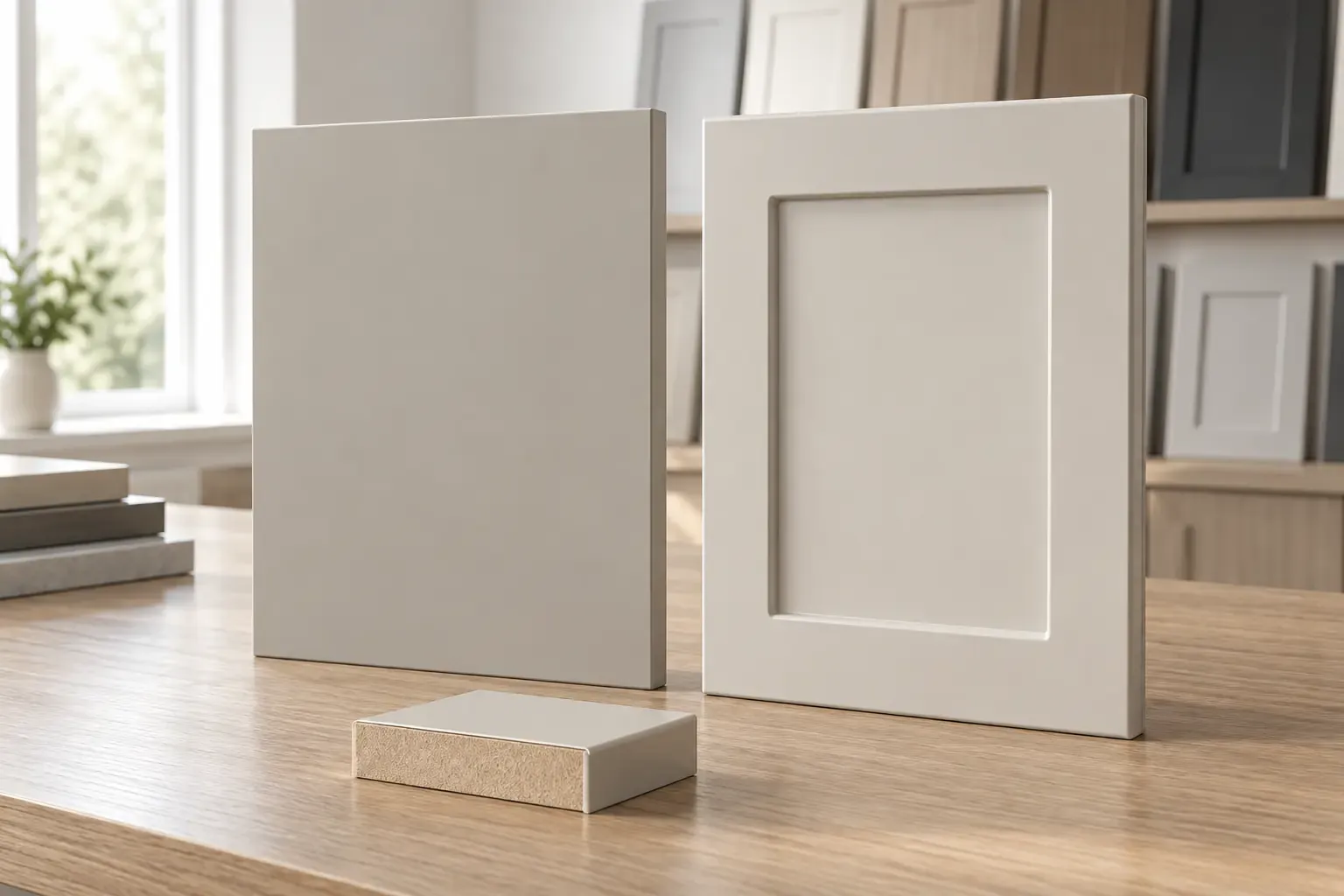 Flat PVC faced MDF panel and membrane-wrapped routed MDF cabinet door with dense-core section sample