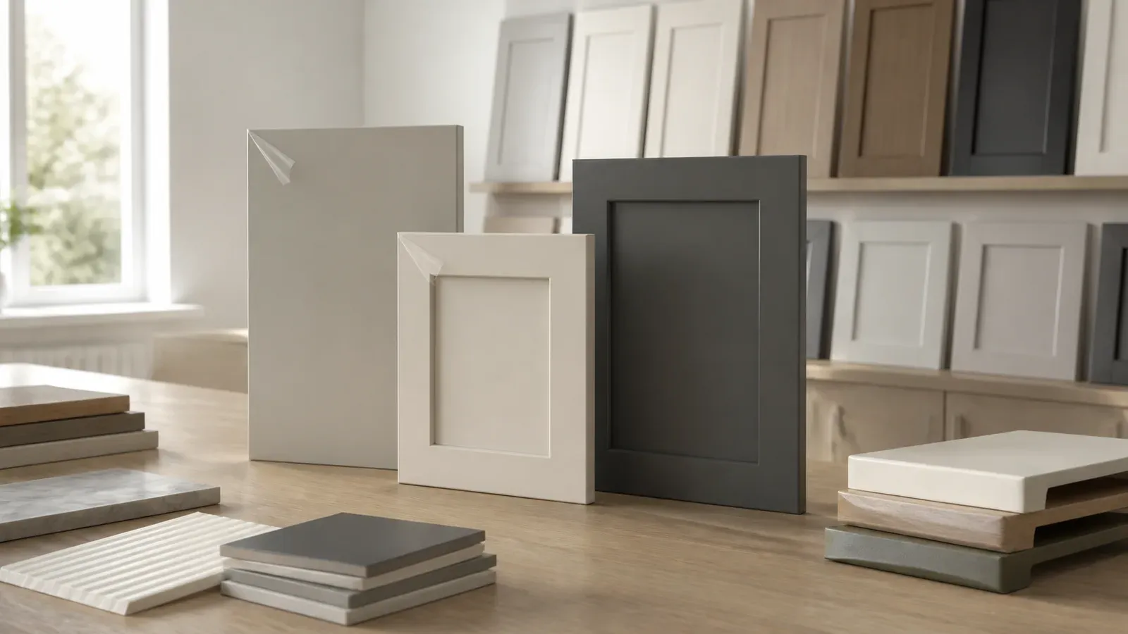 PVC faced MDF flat panels and membrane-wrapped routed cabinet-door samples