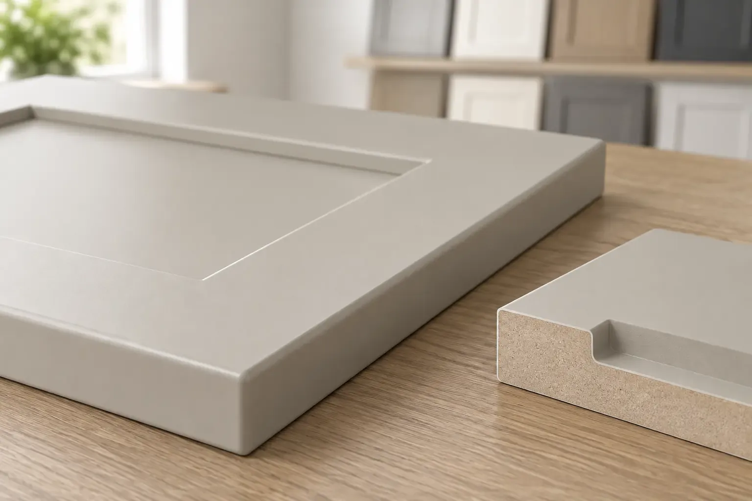 PVC membrane wrapped continuously across an MDF cabinet-door face routed profile and rounded edge