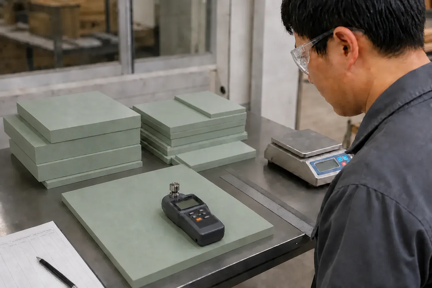 Plain moisture resistant MDF samples at a quality-control bench