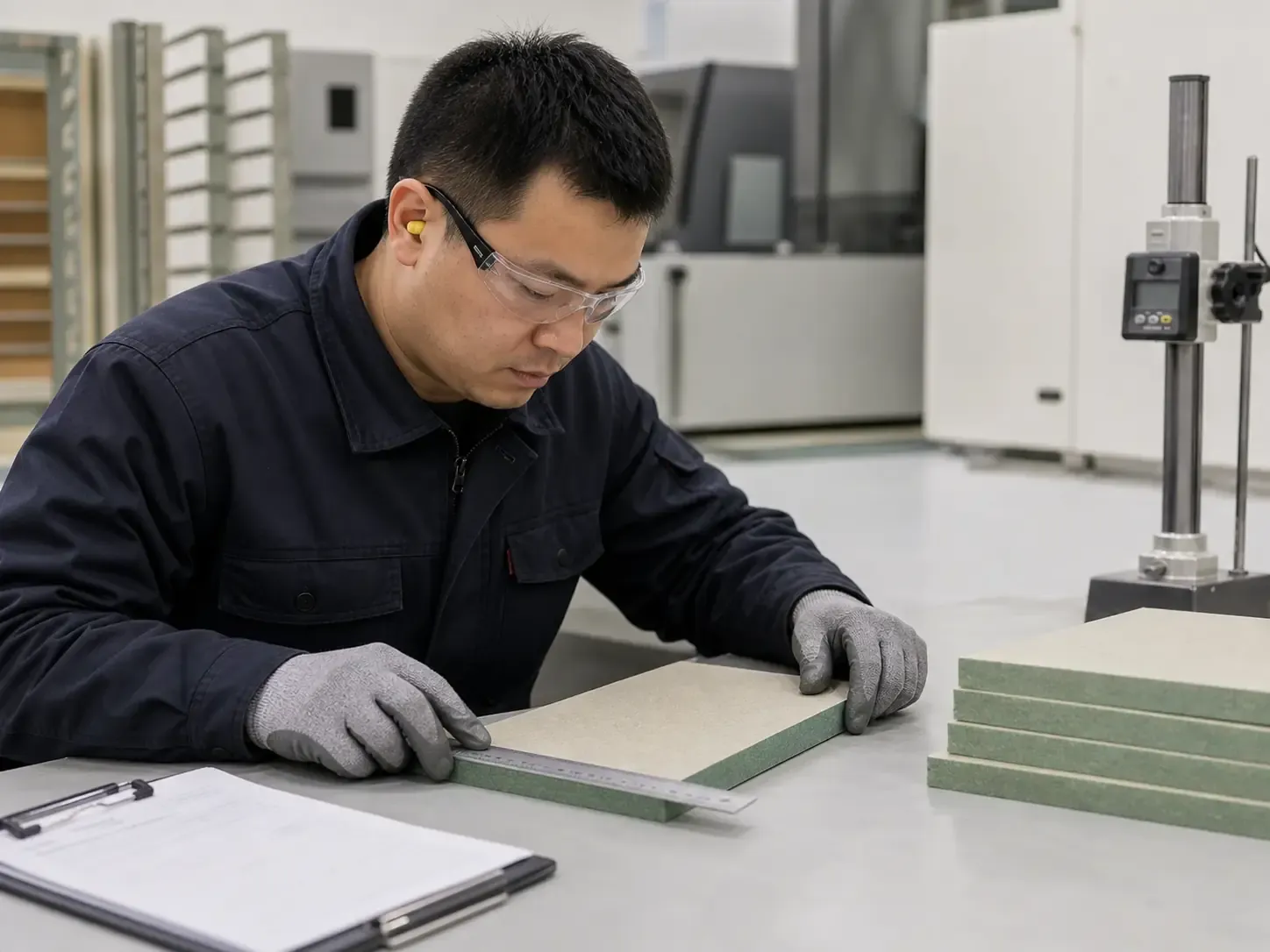 Chinese quality-control team inspecting an MDF board surface