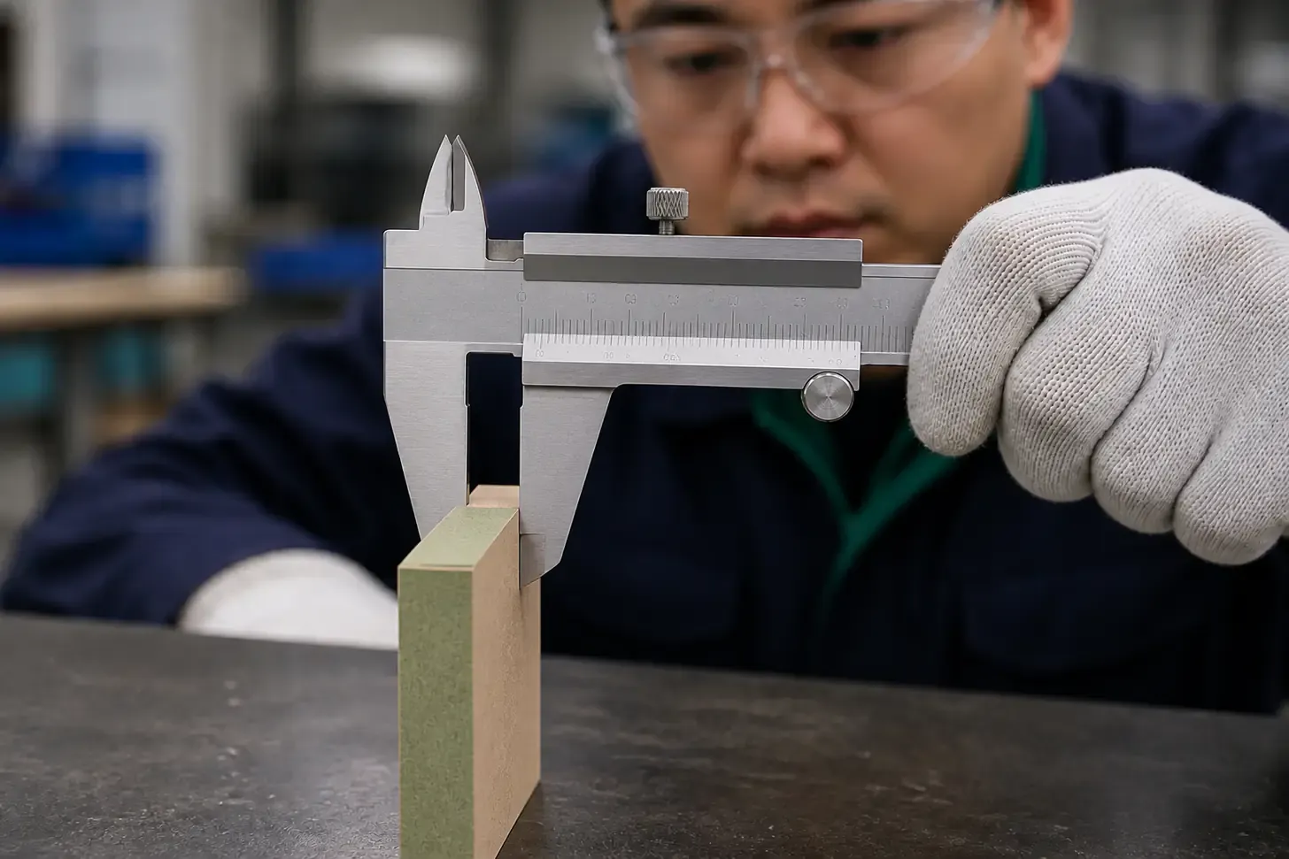 Vernier caliper correctly measuring MDF board thickness at the edge