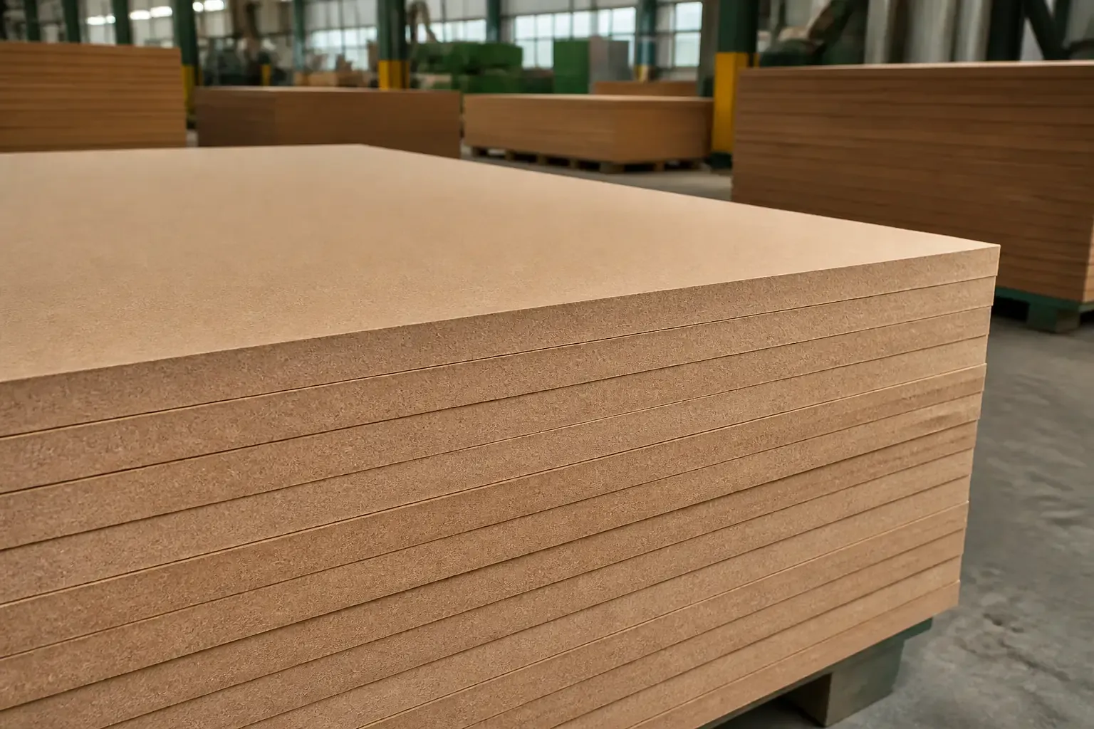 Raw MDF board stack in an industrial material handling area
