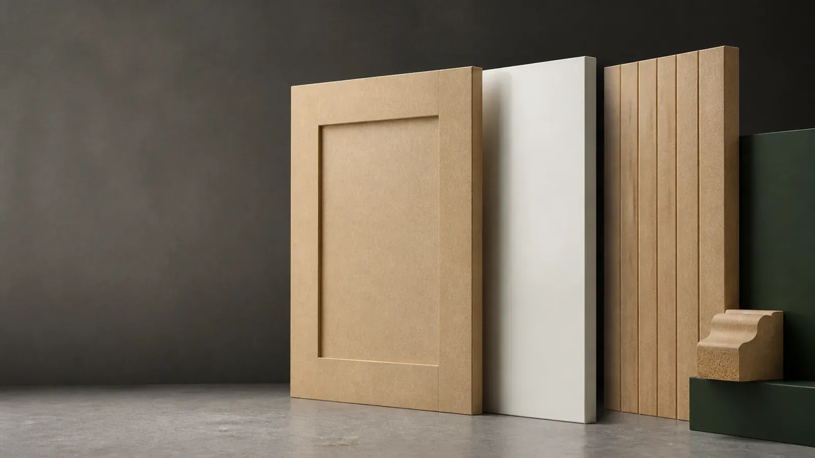 Routed MDF cabinet-door samples with recessed and linear profiles