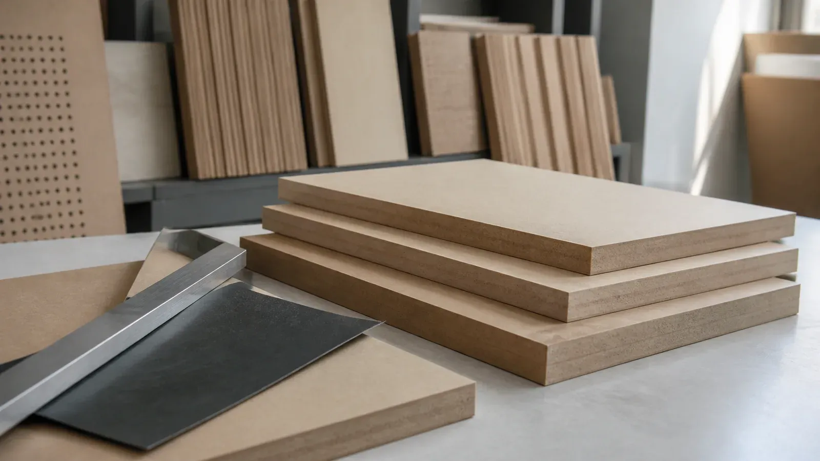 Sanded MDF panels arranged with surface inspection tools