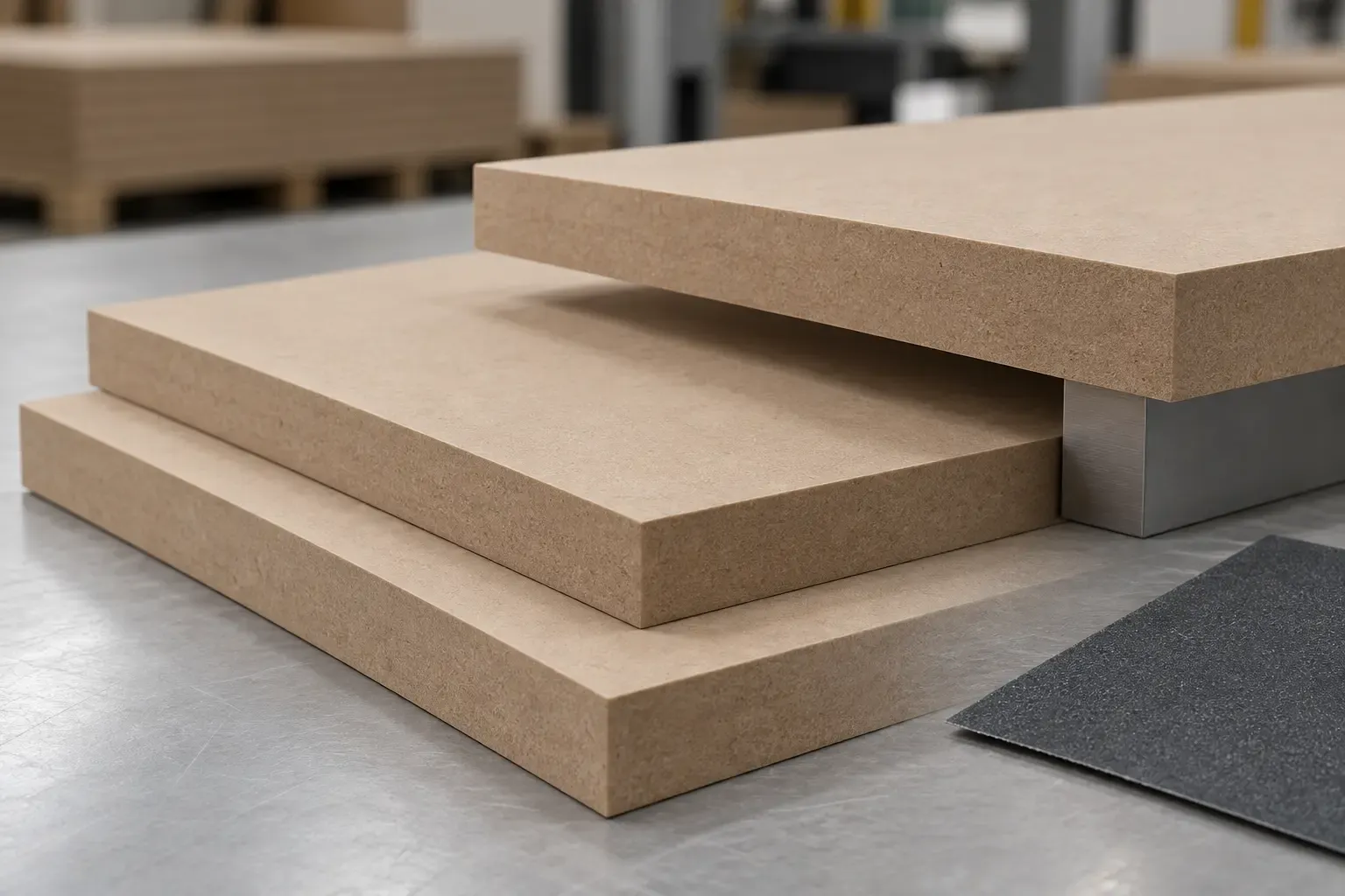 Factory-sanded MDF samples showing smooth matte faces and compact fibre edges