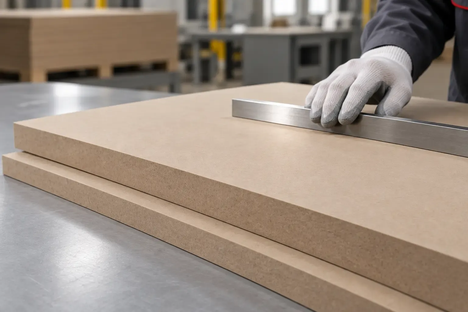 Technician inspecting the smooth face of factory-sanded MDF with a metal straightedge