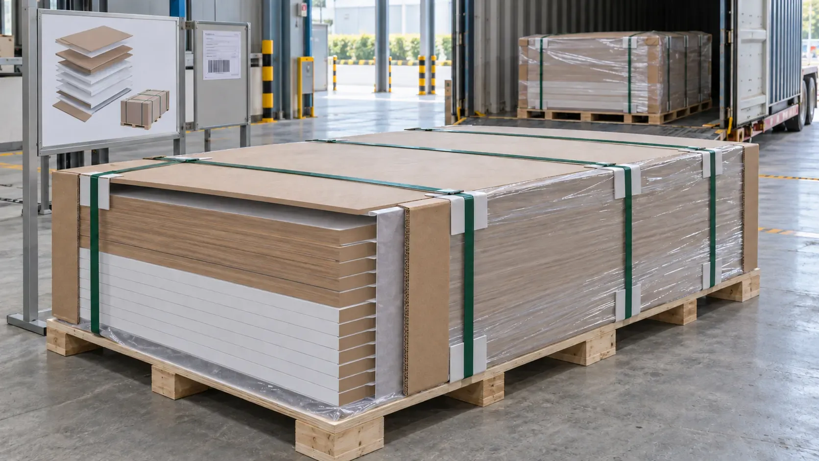 Decorative MDF bundle showing skid support, separators, cover boards, corner guards, wrapping and protected straps