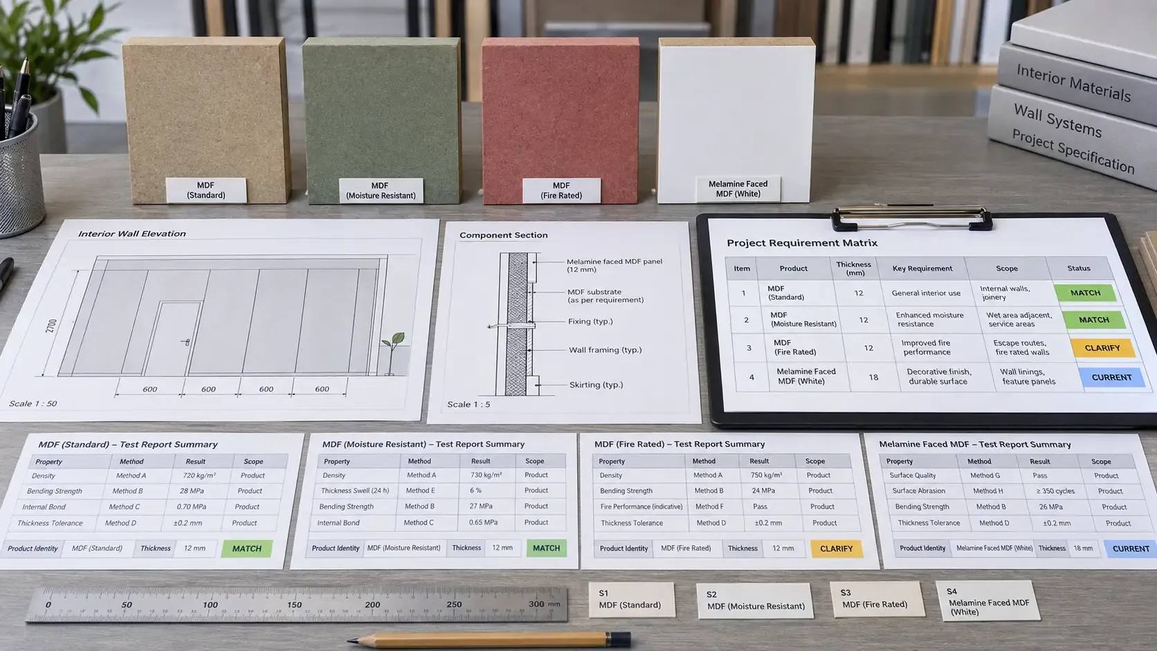 MDF product samples arranged with wall drawings, a project requirement matrix and supporting test-report summaries