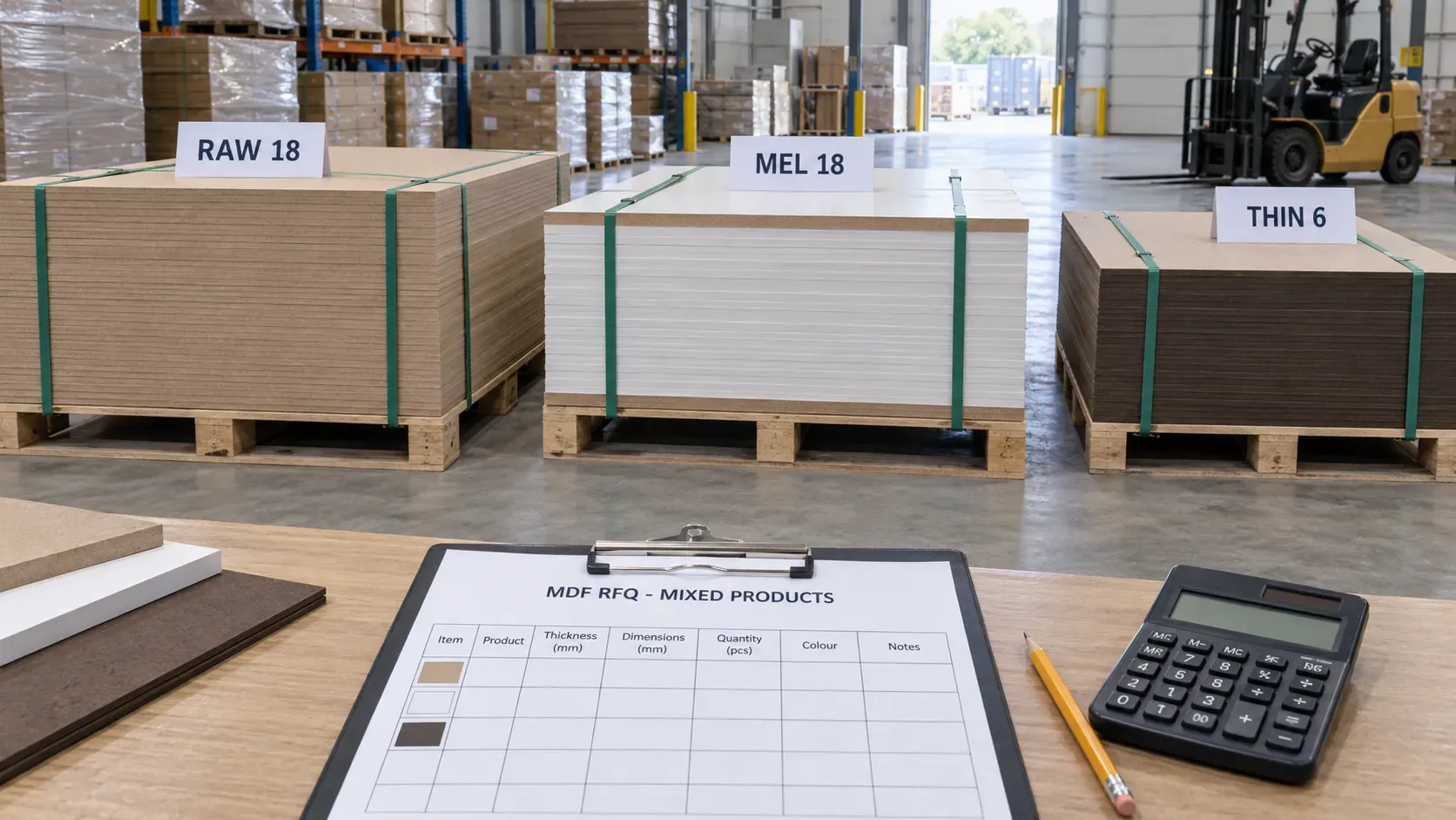 Raw MDF, melamine MDF and thin board bundles staged with specification labels and an RFQ matrix