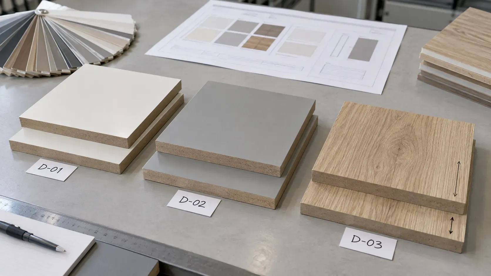 White, grey and woodgrain melamine-faced MDF samples arranged with decor codes and direction references