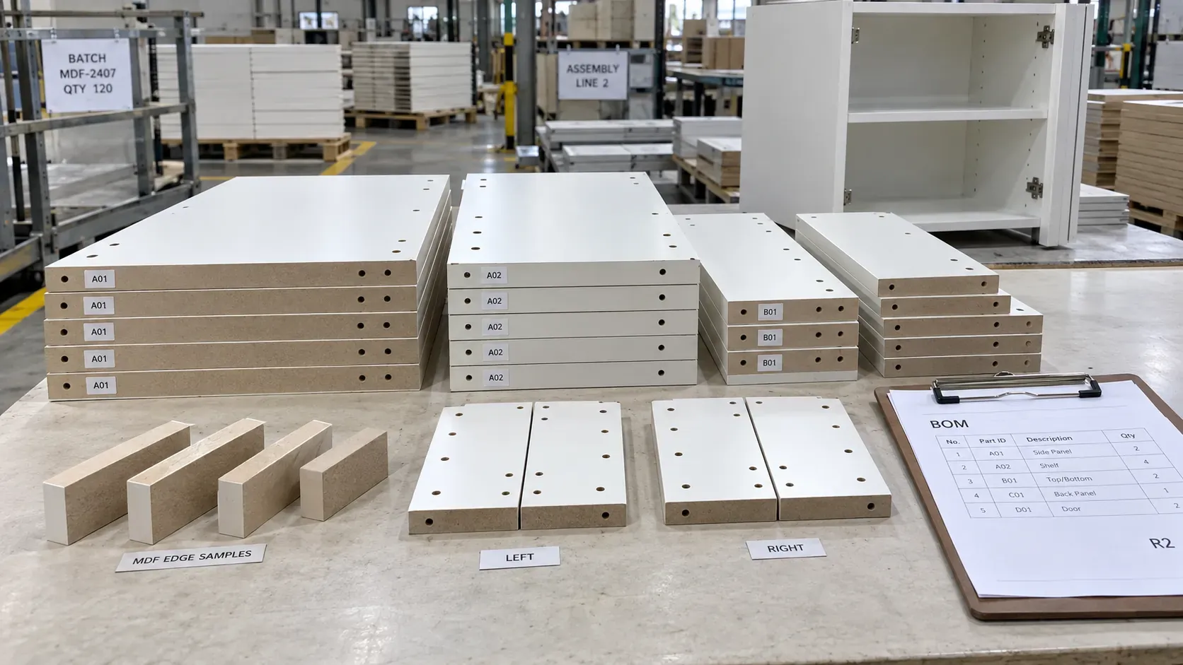 Cut and drilled MDF furniture components grouped by part ID with a current bill of materials and assembly reference