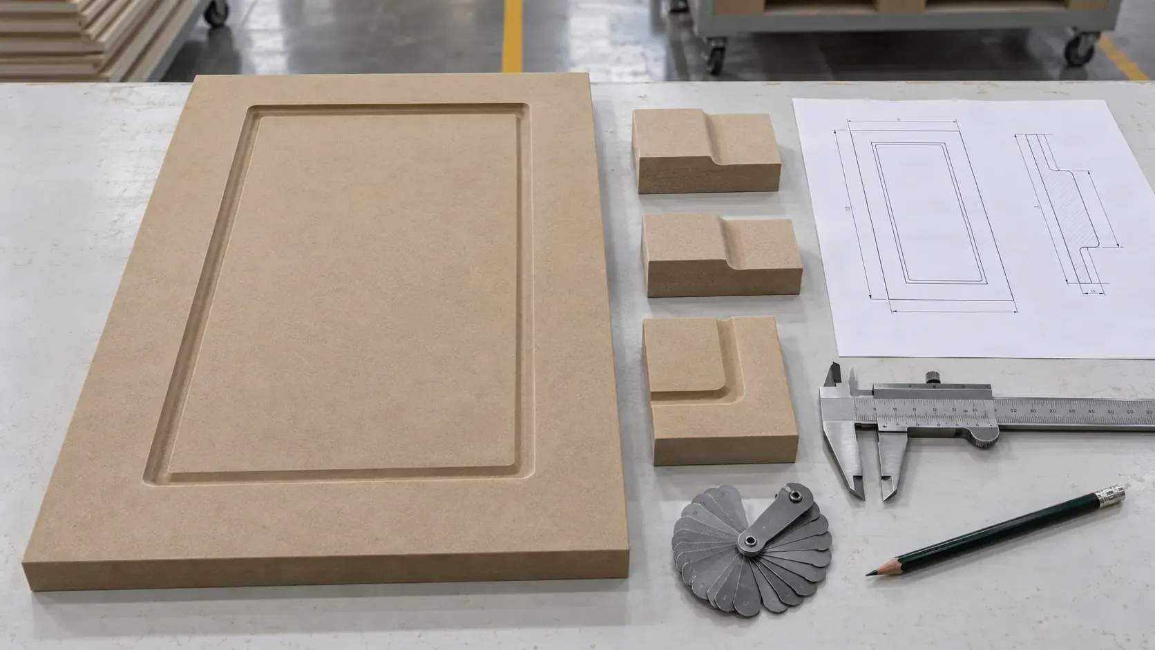 Routed MDF cabinet door with profile sections, controlled drawing and measurement tools