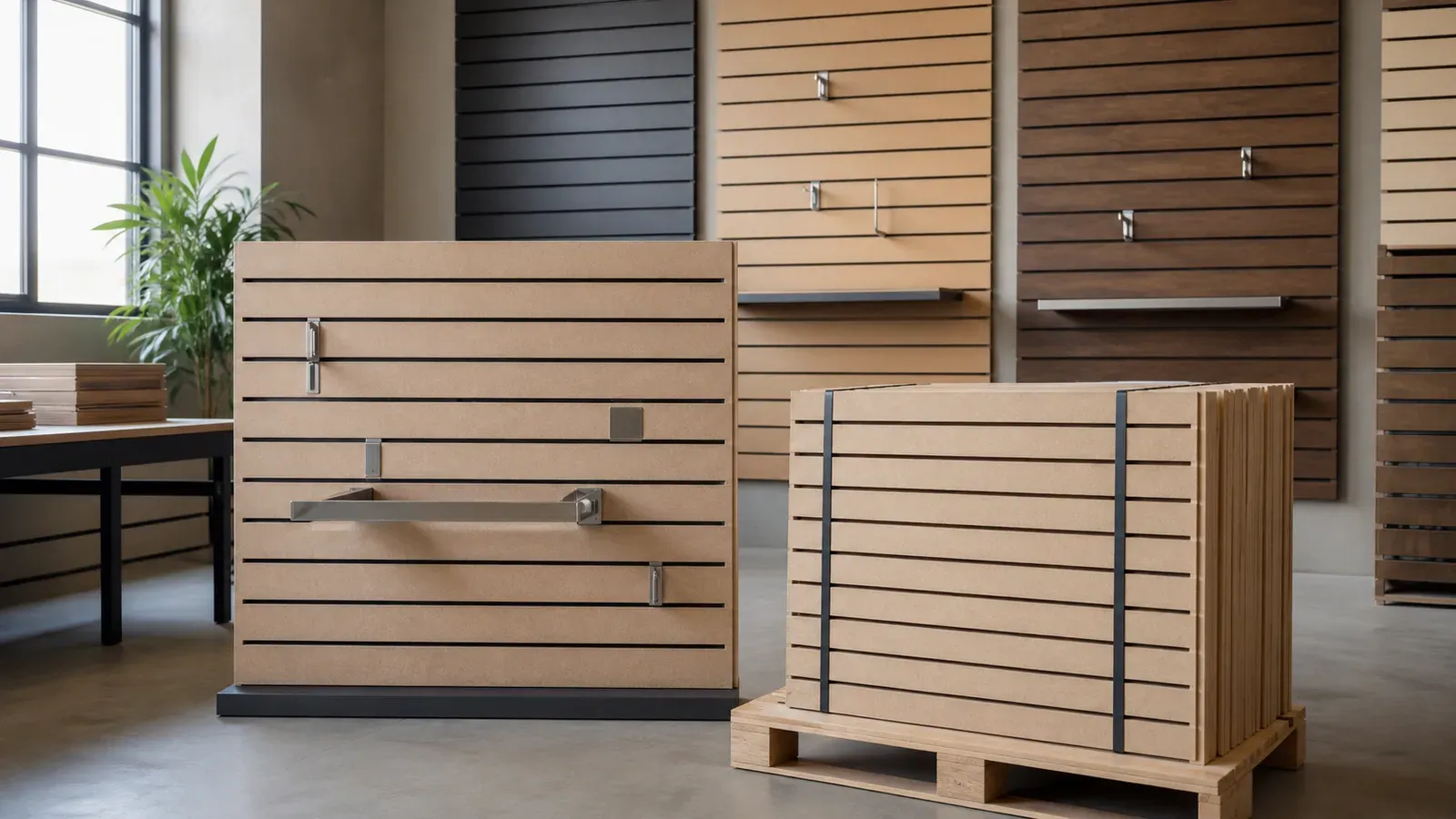 Slotted MDF fixture panels with plain metal inserts