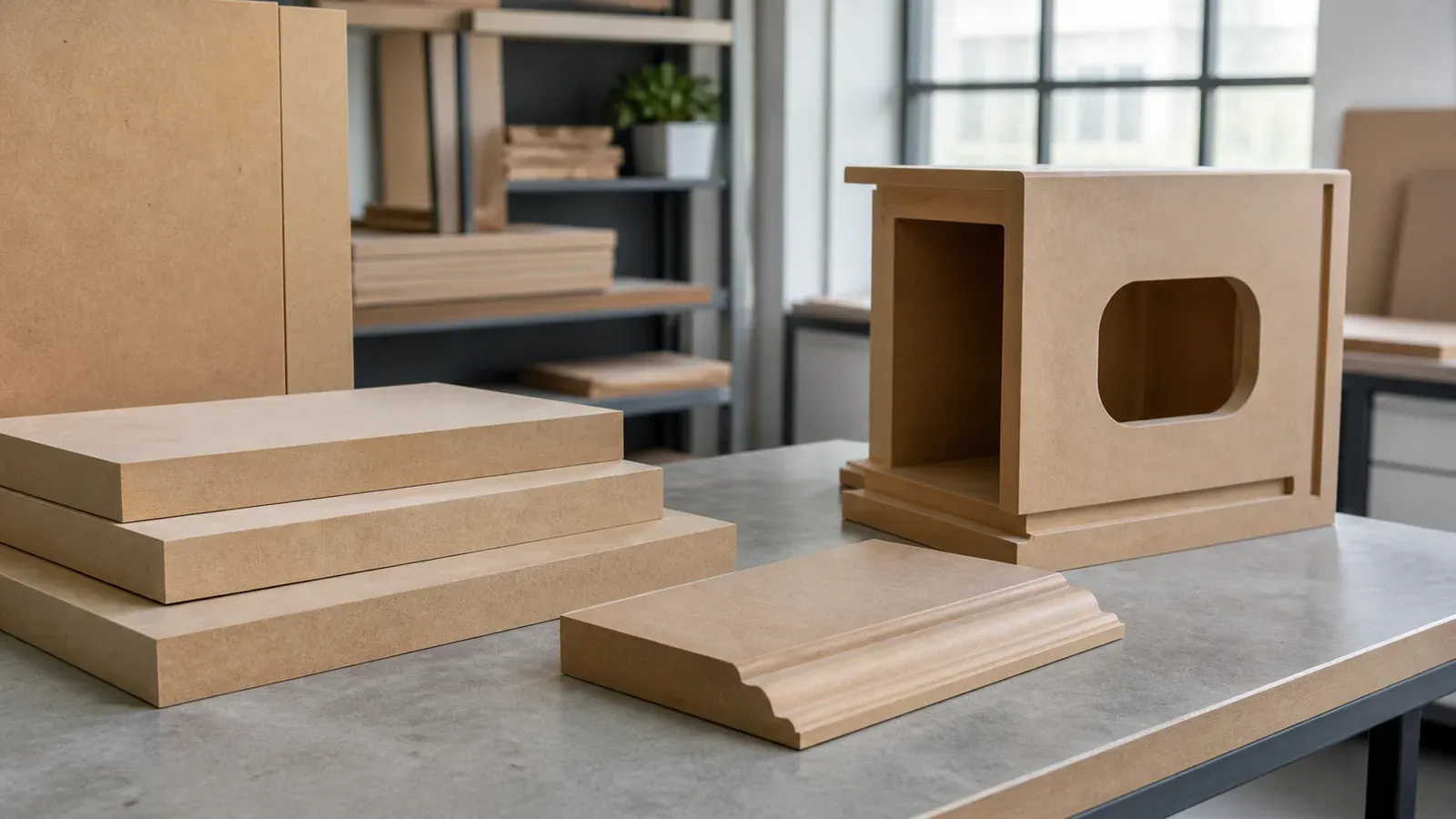 Thick MDF panels with deep-routed profile and machined component samples