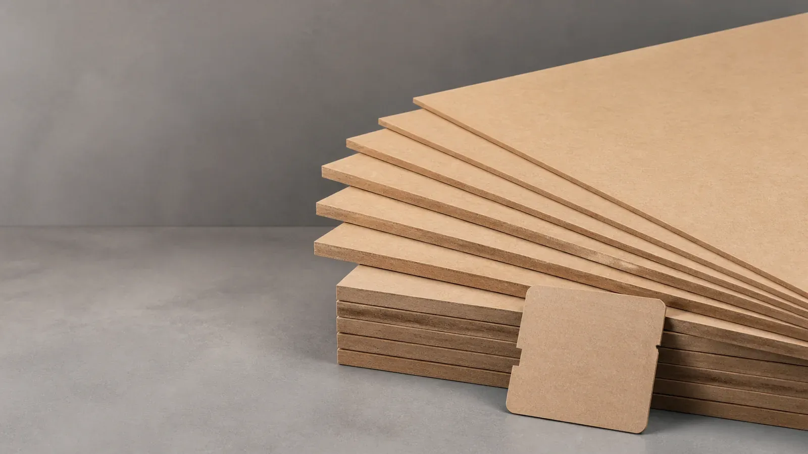 Thin MDF panels arranged to show board faces and compressed-fibre edges