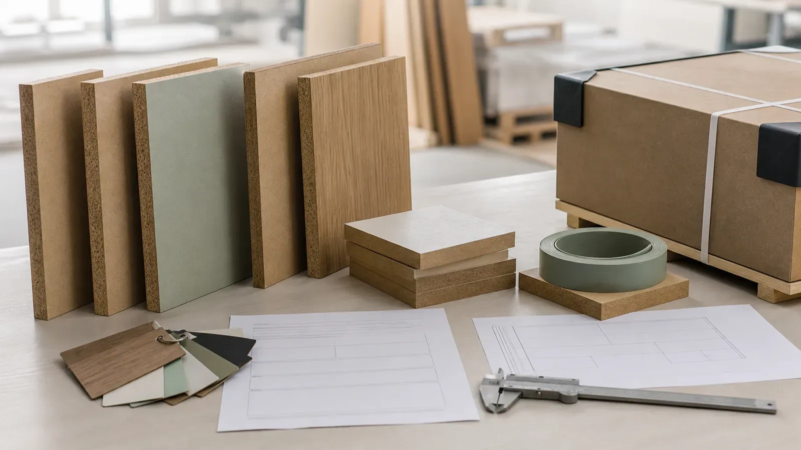 MDF samples drawings and packaging references arranged for order review
